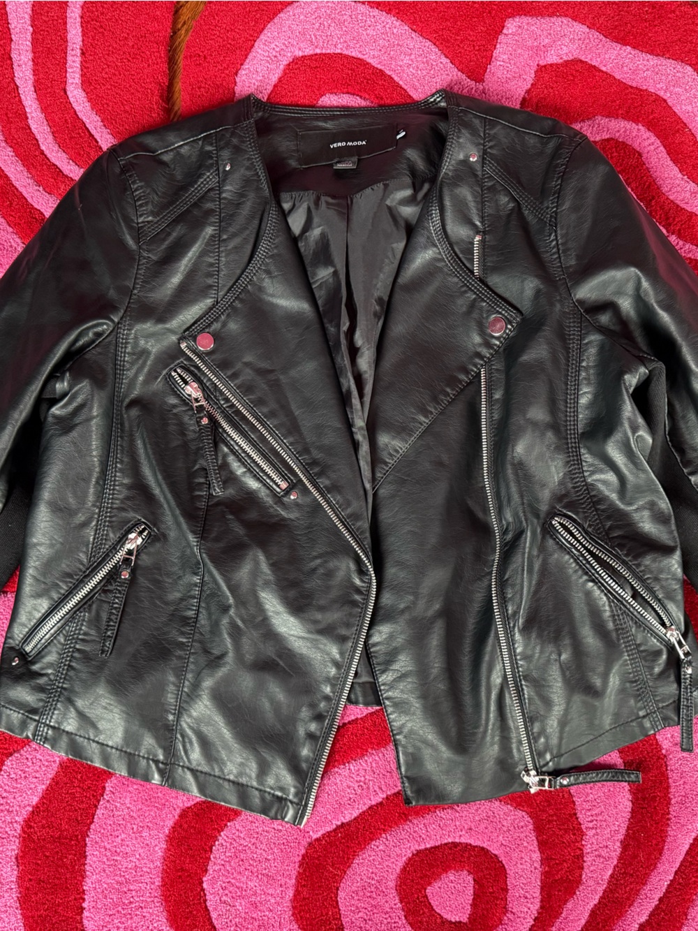 Vero Moda Black Faux Leather Moto Jacket with Silver Hardware